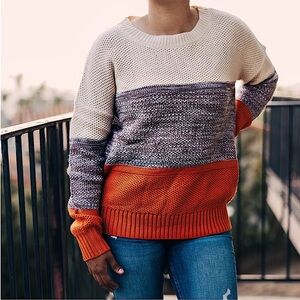 WOMENS ORANGE COLOR BLOCK KNITTED SWEATER